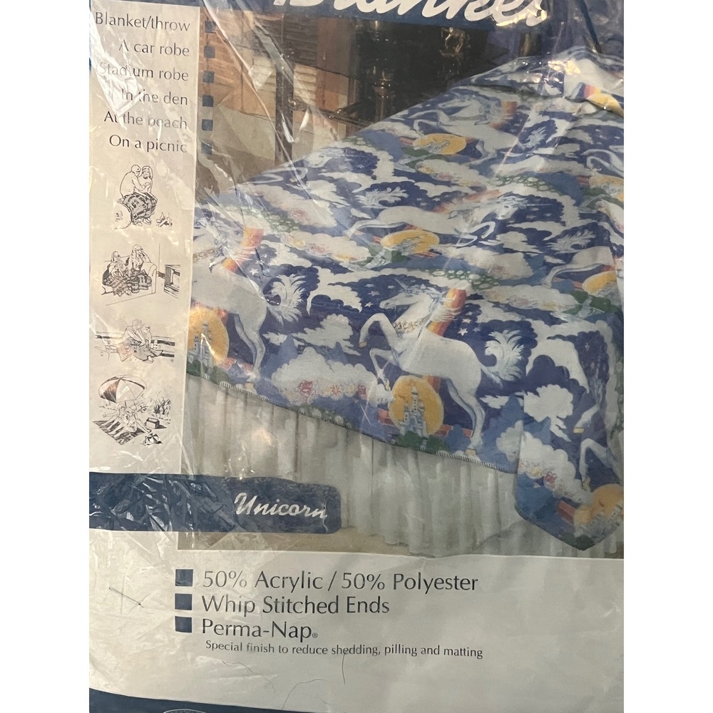 Vintage Beacon Unicorn Rainbow Castle Twin Blanket Blue Whip Stitch Perma-Nap - Picture 3 of 4